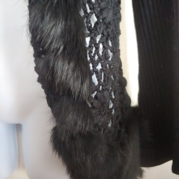 Ruby Cho Black Floral Knitted Faux Fur Sweater Sequin Open Front Romantic XL - Picture 5 of 16